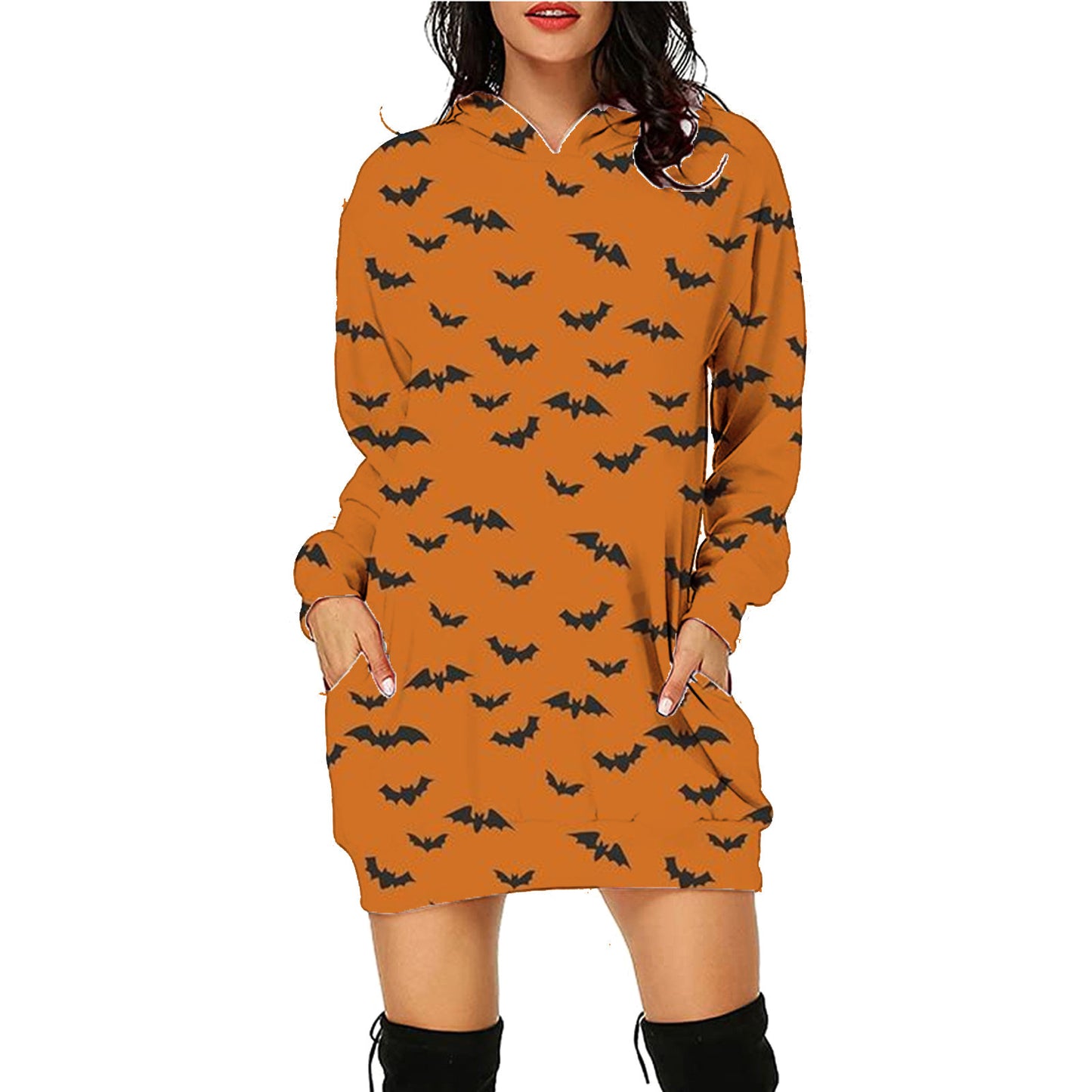 Women’s Halloween Hoodie Dress – Long Sleeve Sweater with Pockets