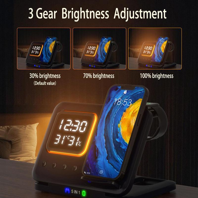 5-in-1 Wireless Charging Stand with 15W Fast Charger & LED Alarm Clock Dock