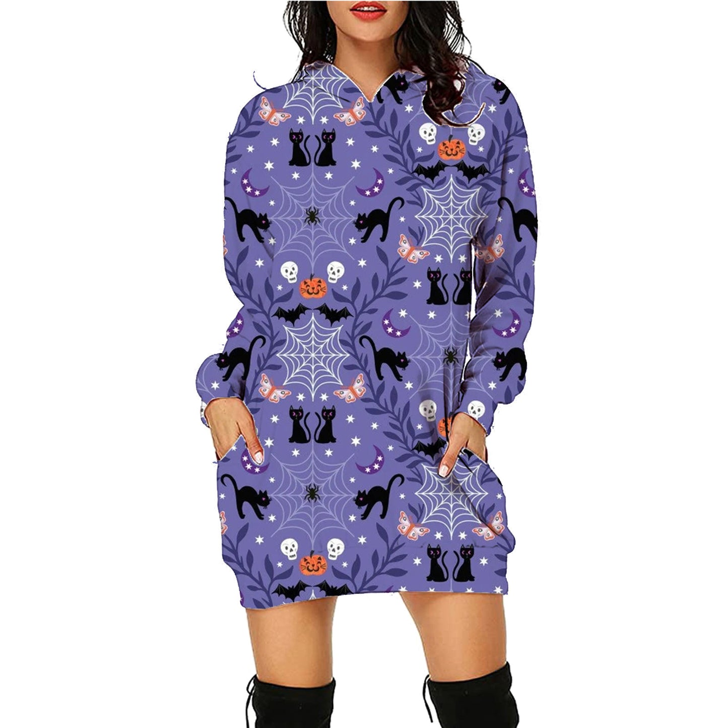 Women’s Halloween Hoodie Dress – Long Sleeve Sweater with Pockets