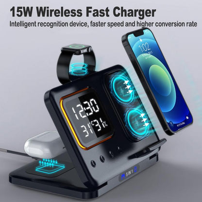 5-in-1 Wireless Charging Stand with 15W Fast Charger & LED Alarm Clock Dock