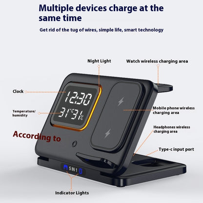 5-in-1 Wireless Charging Stand with 15W Fast Charger & LED Alarm Clock Dock