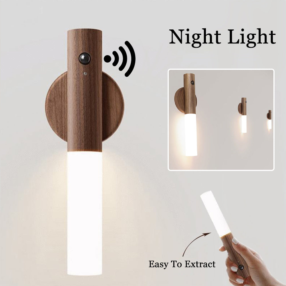 Wireless Wooden LED Wall Light – USB Magnetic Night Lamp with PIR Motion Sensor