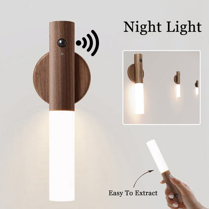 Wireless Wooden LED Wall Light – USB Magnetic Night Lamp with PIR Motion Sensor