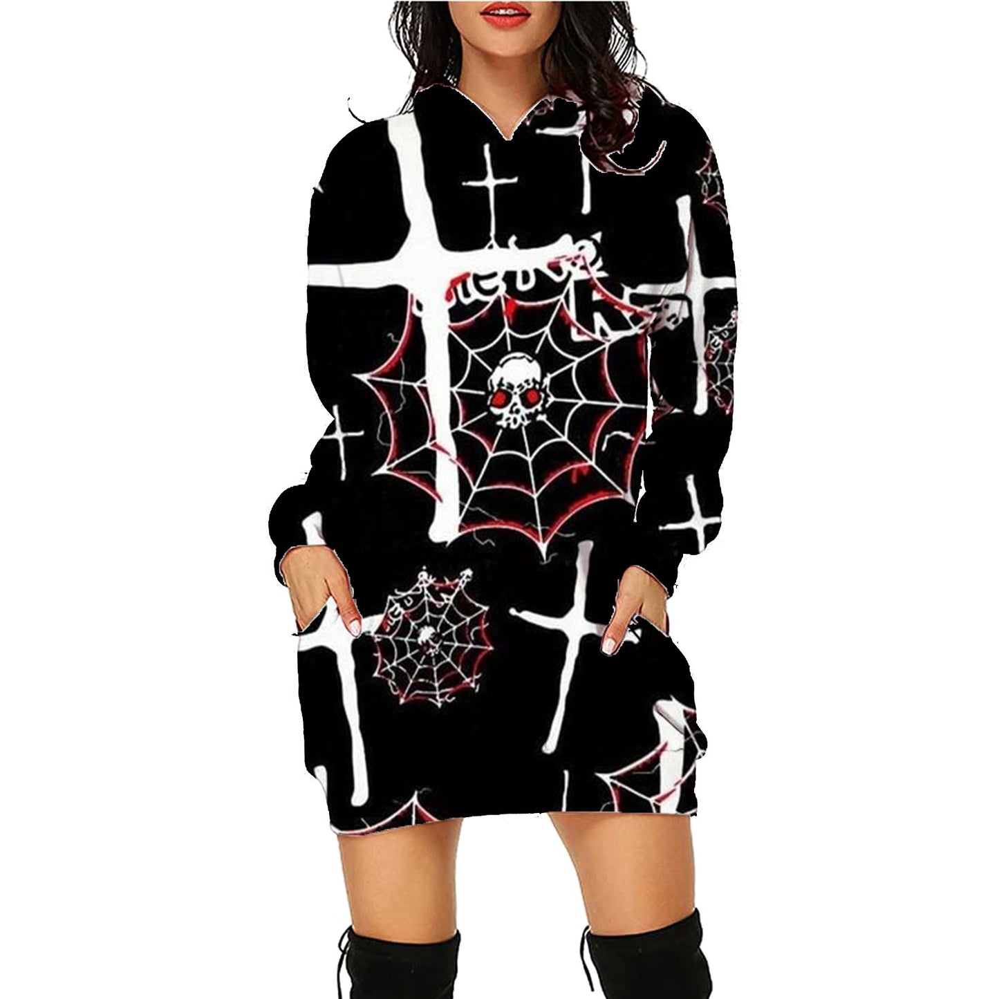 Women’s Halloween Hoodie Dress – Long Sleeve Sweater with Pockets