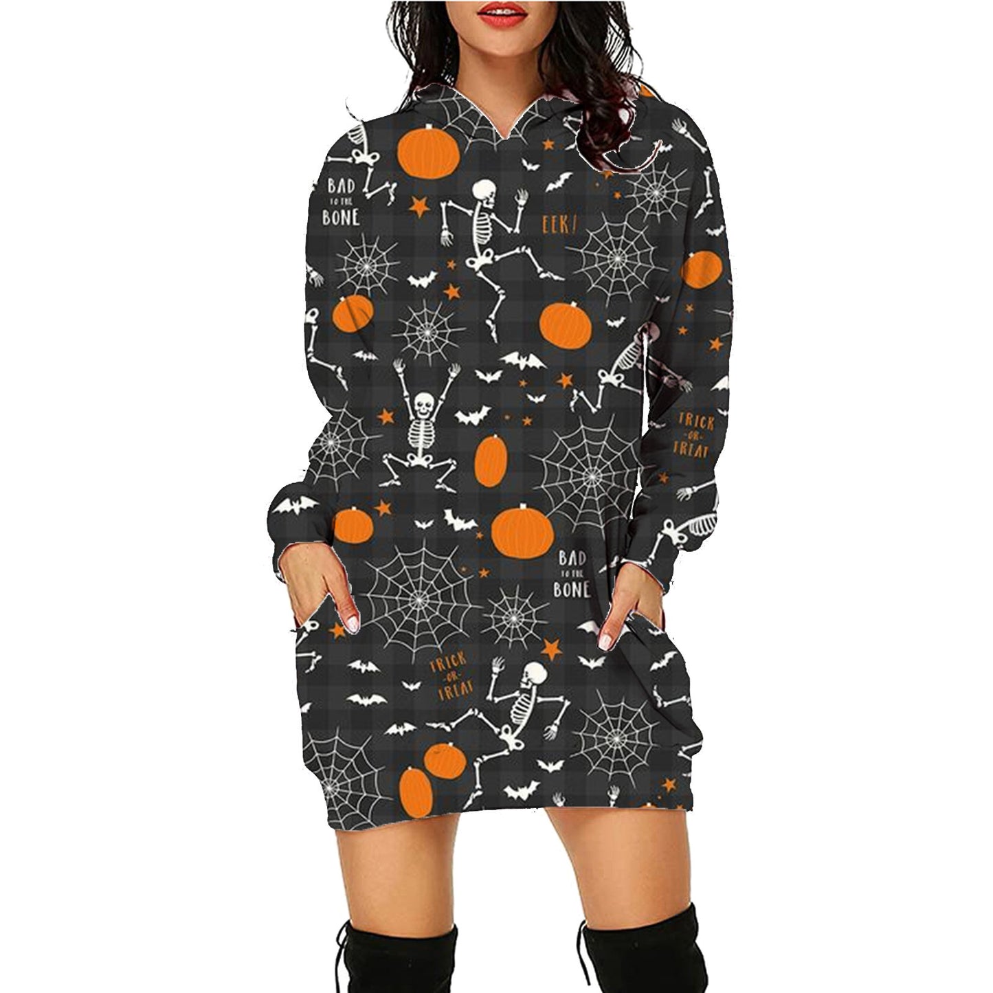 Women’s Halloween Hoodie Dress – Long Sleeve Sweater with Pockets