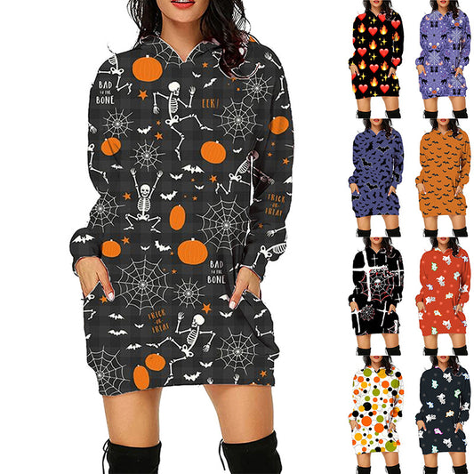 Women’s Halloween Hoodie Dress – Long Sleeve Sweater with Pockets
