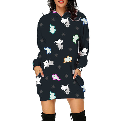 Women’s Halloween Hoodie Dress – Long Sleeve Sweater with Pockets