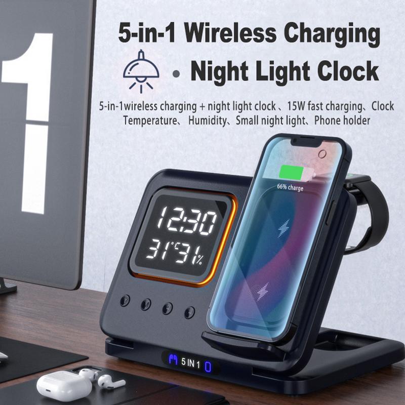 5-in-1 Wireless Charging Stand with 15W Fast Charger & LED Alarm Clock Dock