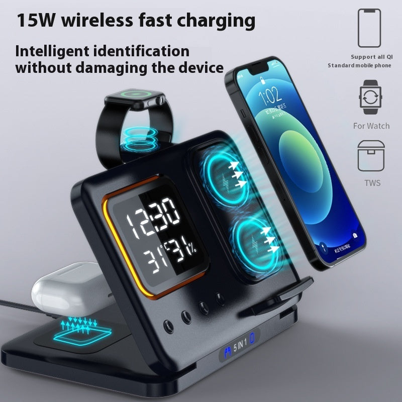5-in-1 Wireless Charging Stand with 15W Fast Charger & LED Alarm Clock Dock