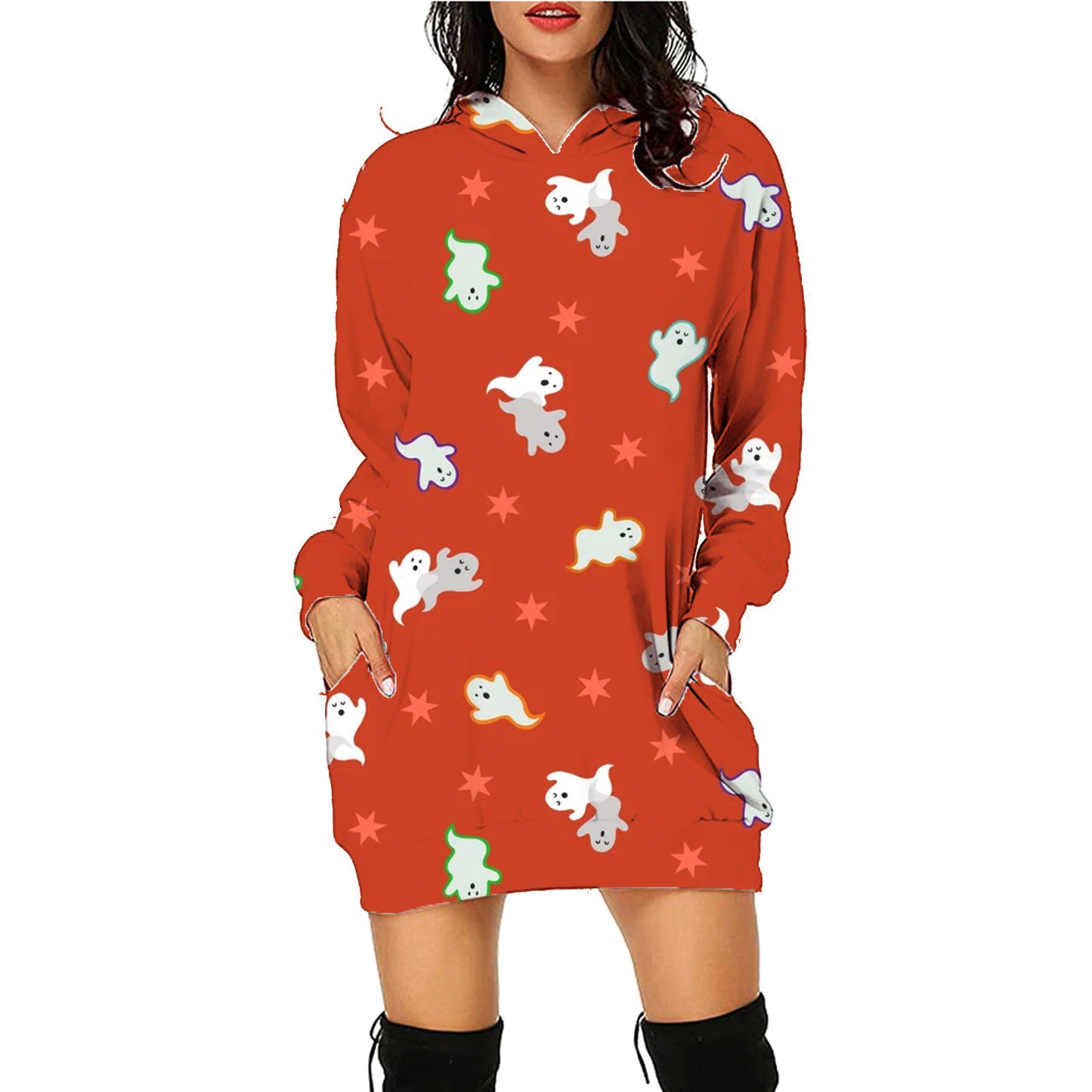 Women’s Halloween Hoodie Dress – Long Sleeve Sweater with Pockets