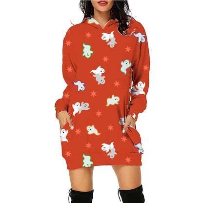 Women’s Halloween Hoodie Dress – Long Sleeve Sweater with Pockets
